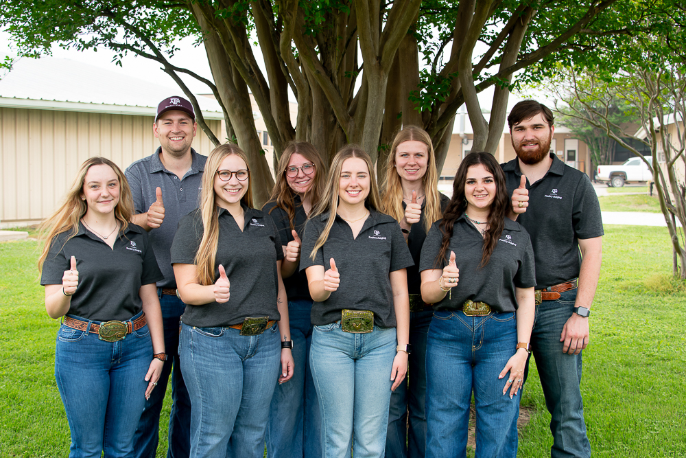 The Texas A&M Poultry Judging Team wearing gray polo shirts standing outside under a tree.