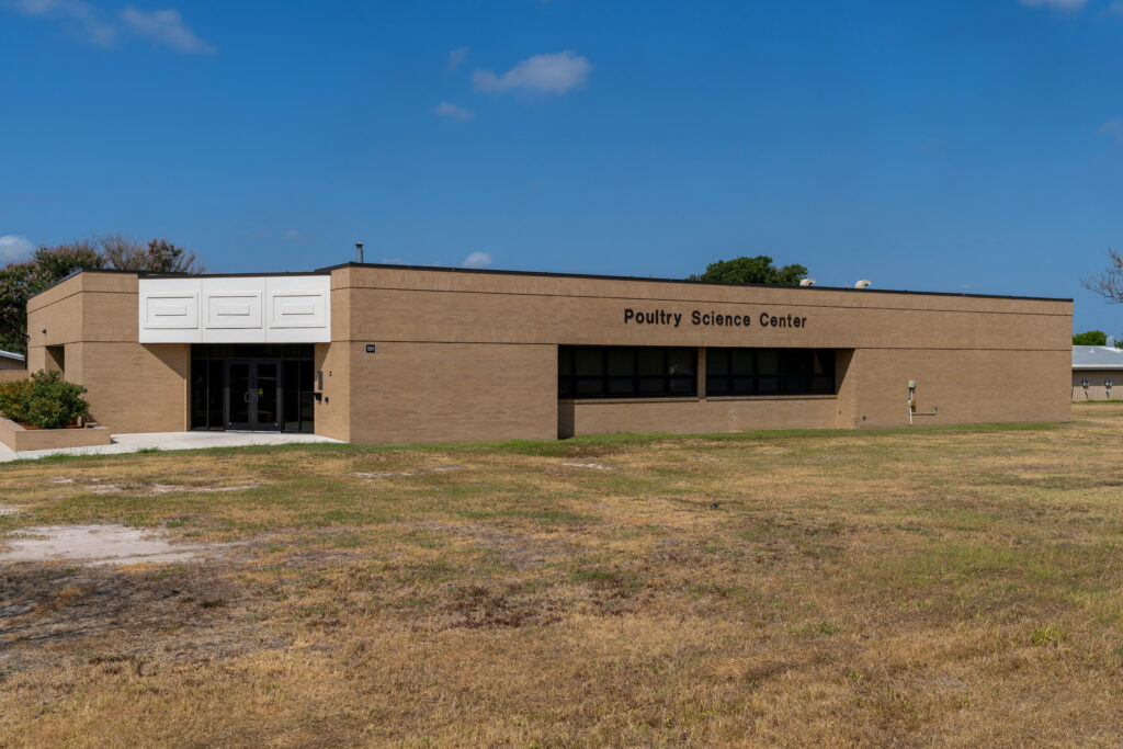 The outside view of Poultry Science Research, Teaching, and Extension Center.