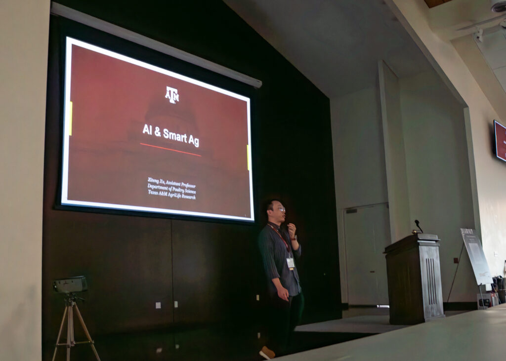 Xiteng Xu, Ph.D., Texas A&M Department of Poultry Science Assistant Professor, presents on AI and smart technologies in poultry production at the Texas Commercial Egg Clinic